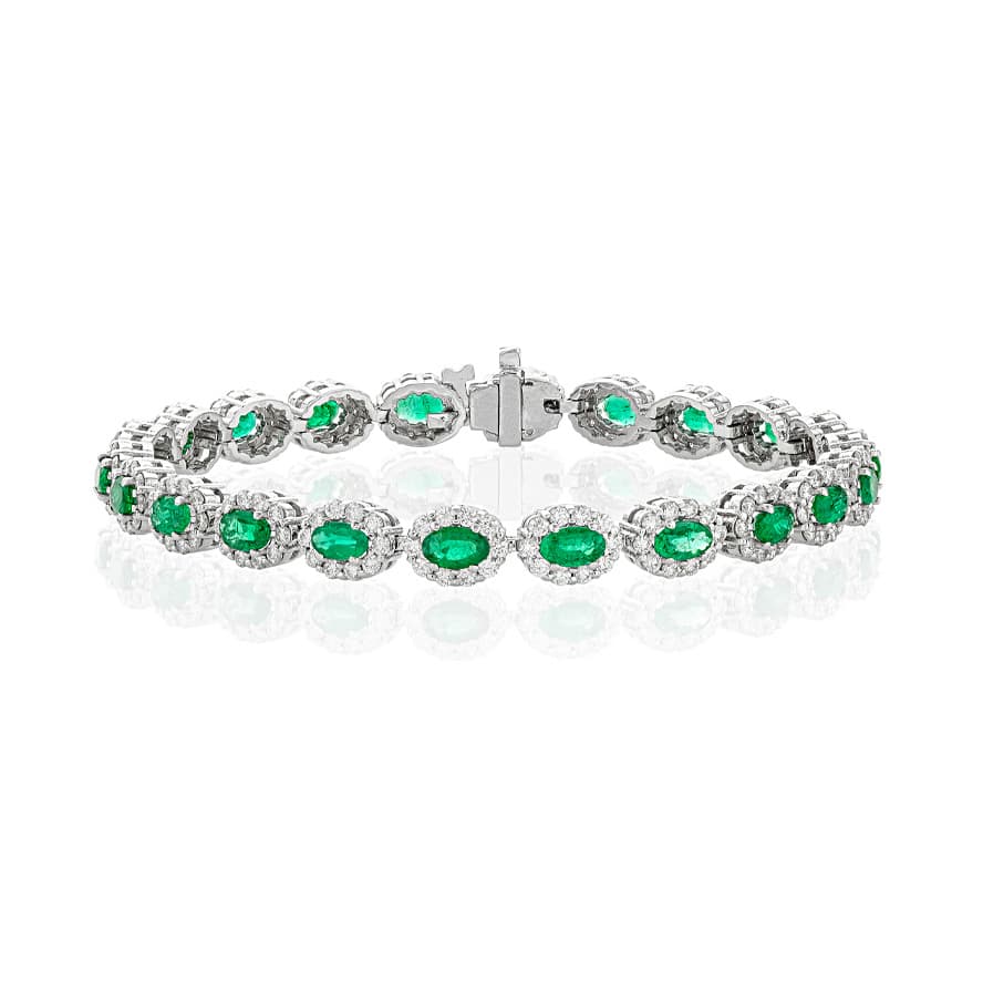 Emerald and Diamond 14k White Gold Oval Line Bracelet