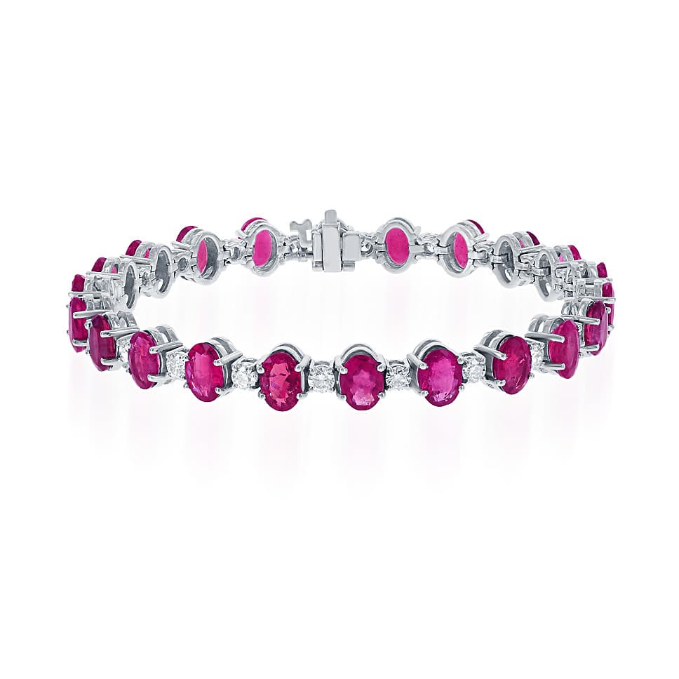 Oval Ruby and Round Diamond Line Bracelet in 18k White Gold 0