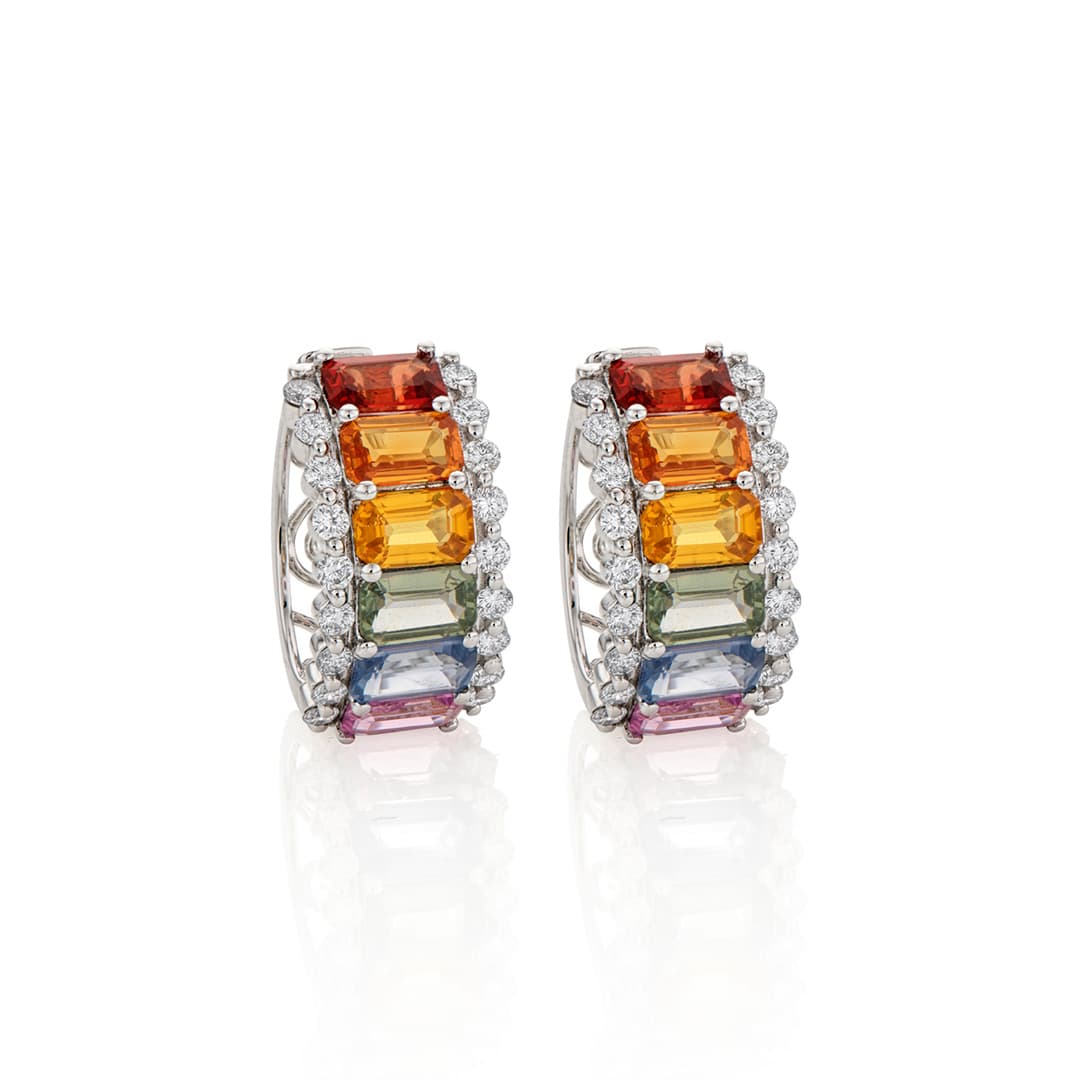 Rainbow Sapphire Half Hoop Earrings with Diamonds 0