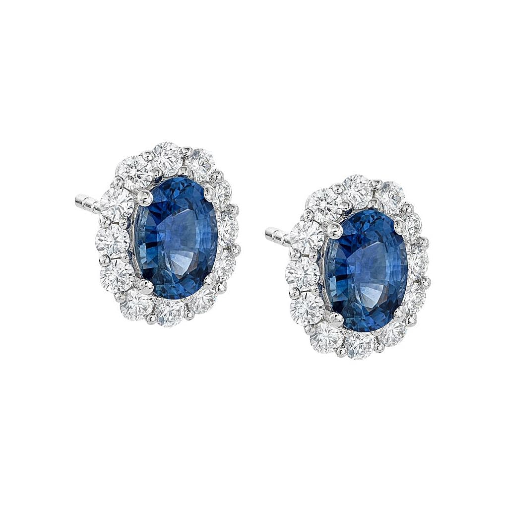 White Gold Oval Sapphire & Diamond Halo Post Earrings 0