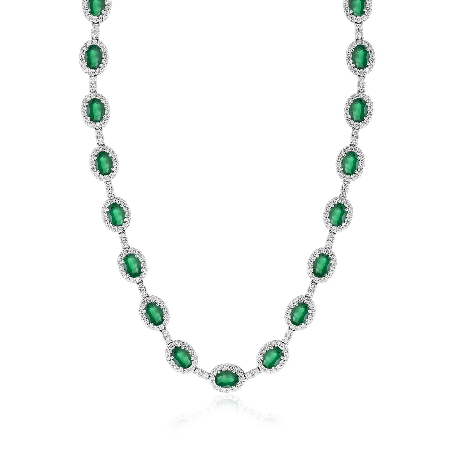 White Gold Oval Emerald & Diamond Bar Necklace 0