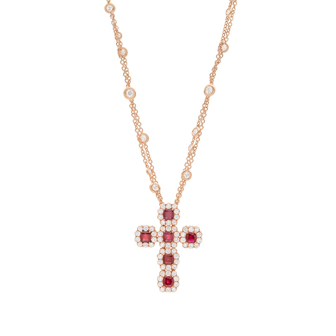 Rose Gold Ruby and Diamond Cross on Bezel Diamond Chain