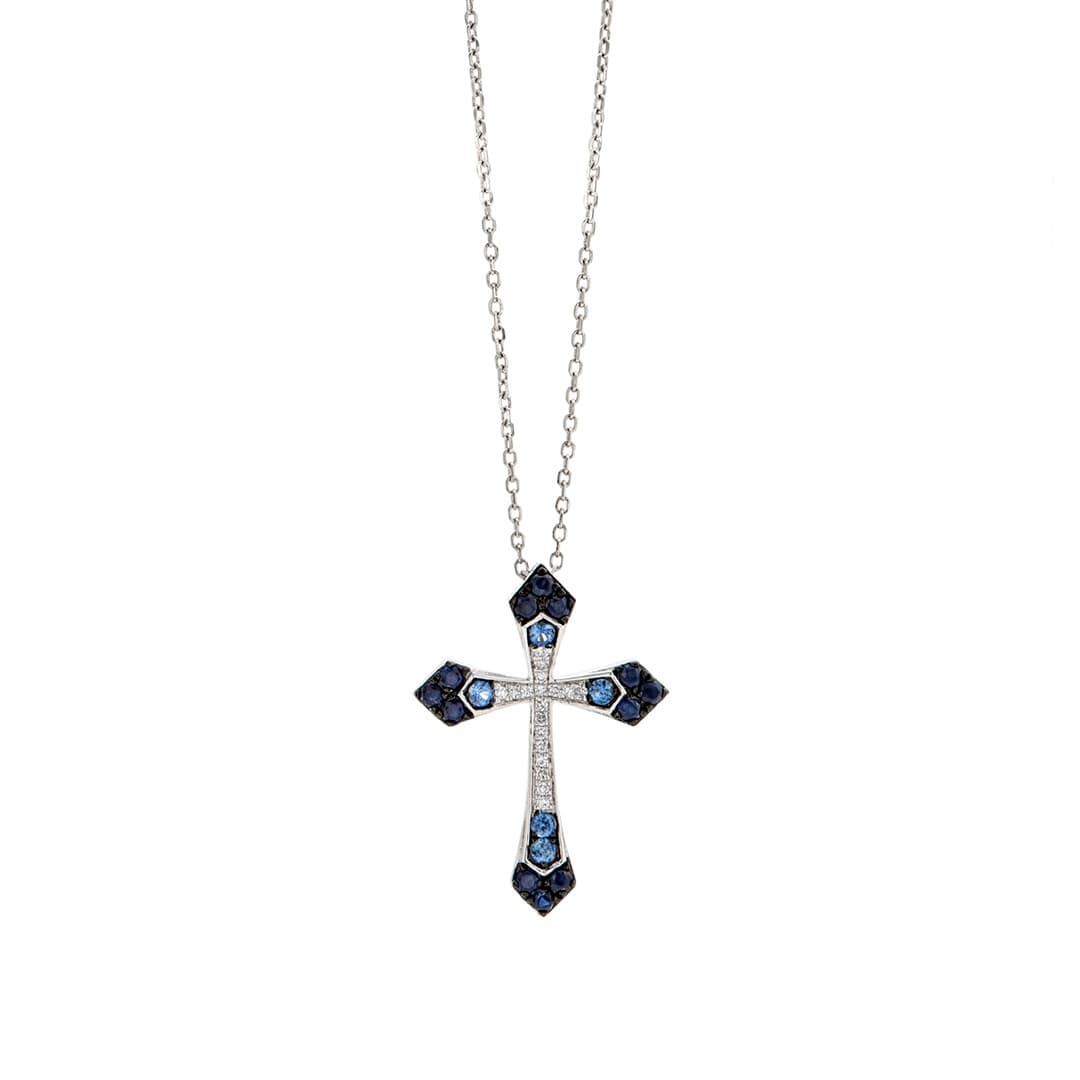 Sapphire and Diamond White Gold Flared Cross Necklace