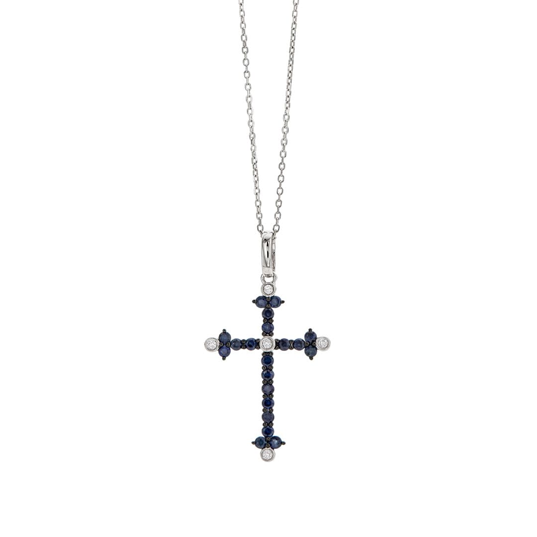 Diamond and Blue Sapphire White Gold Cross Necklace