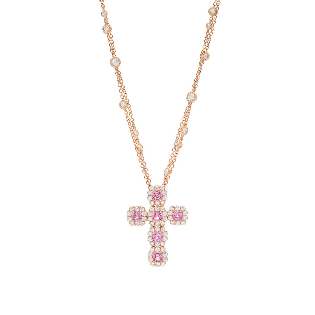 Rose Gold Pink Sapphire and Diamond Cross on Bezel Diamond Chain