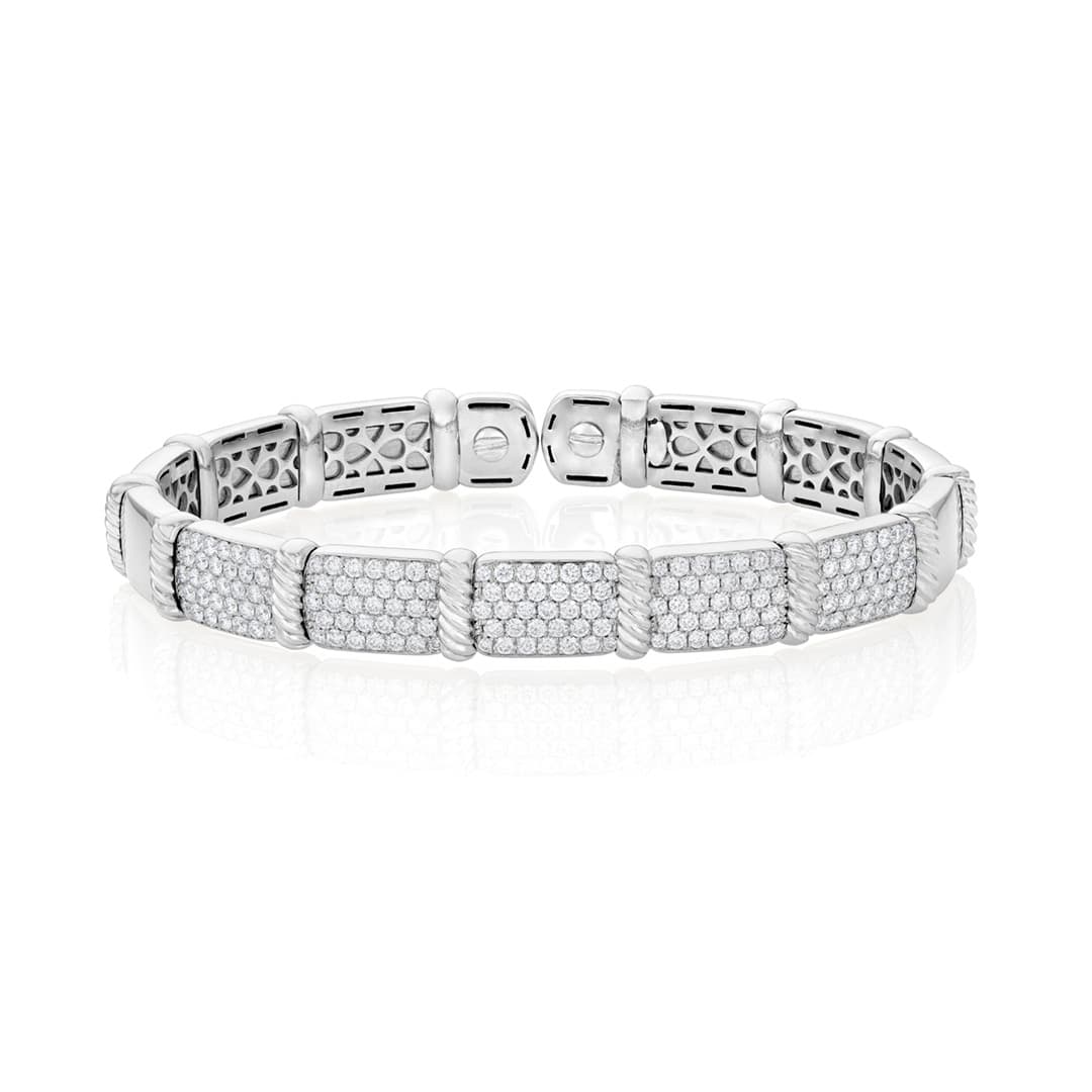 Pave Diamond 18k White Gold Cuff Bracelet with Rope Details