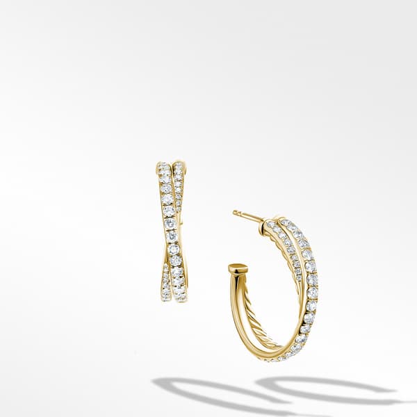 David Yurman Crossover Pave Hoop Earrings in 18k Yellow Gold with Diamonds, 24mm