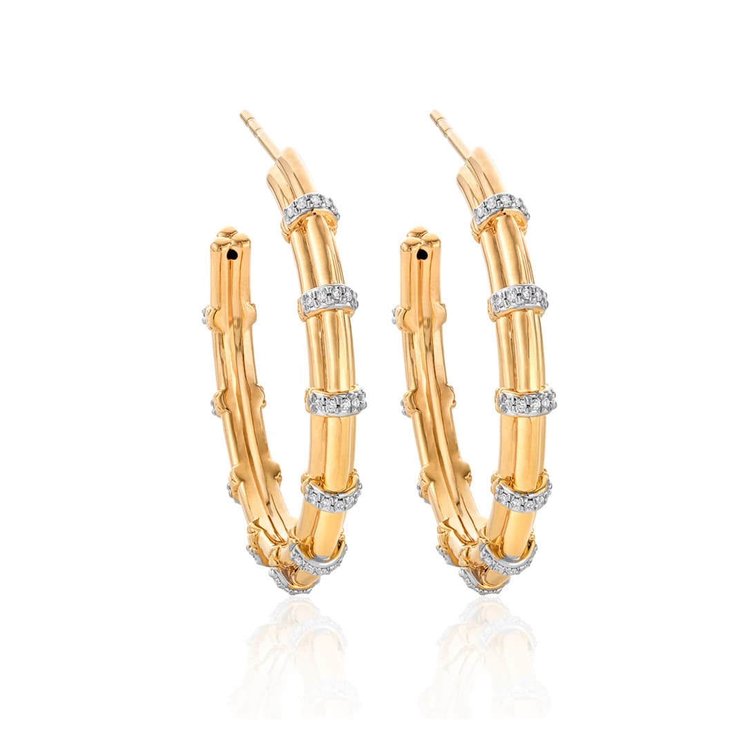 Diamond Banded Yellow Gold Hoop Earrings