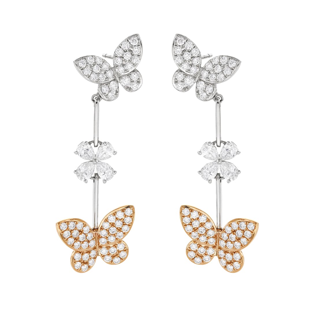 White and Rose Gold Butterfly Drop Diamond Earrings 0
