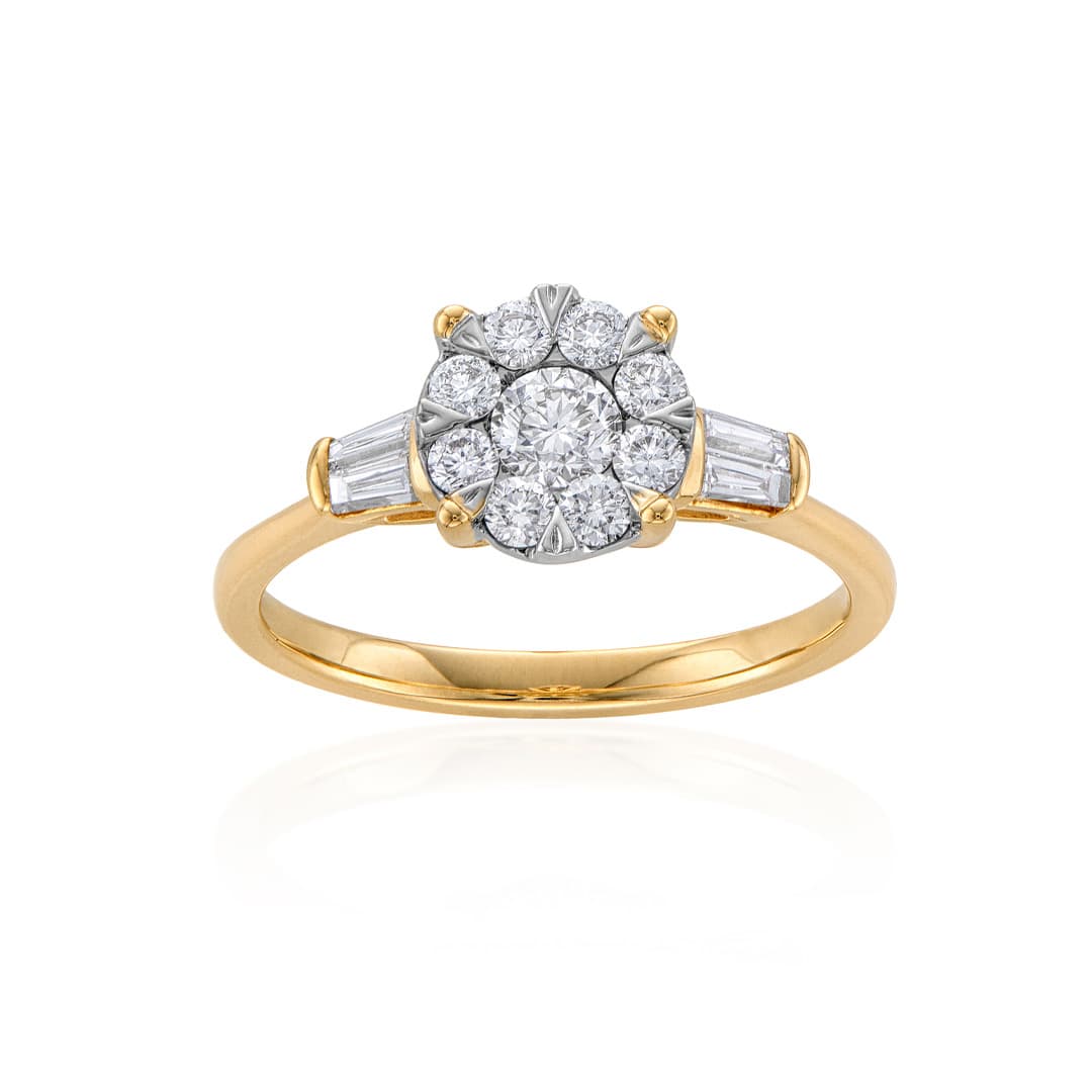 Round Cluster Yellow Gold Diamond Engagement Ring with Baguettes 0