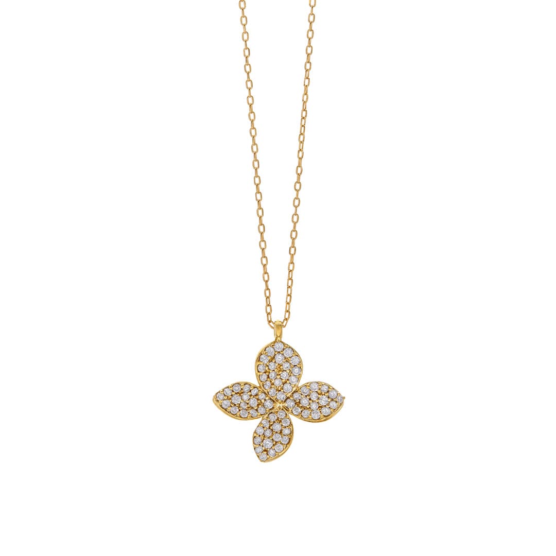 Pave Diamond Yellow Gold Flower Pendant Necklace 0