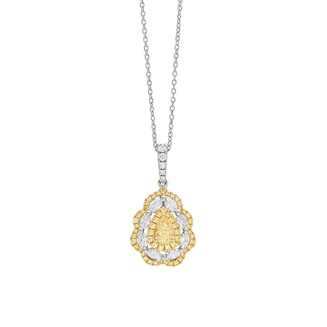 Scalloped Pear Shaped Pendant Necklace with White and Yellow Diamonds