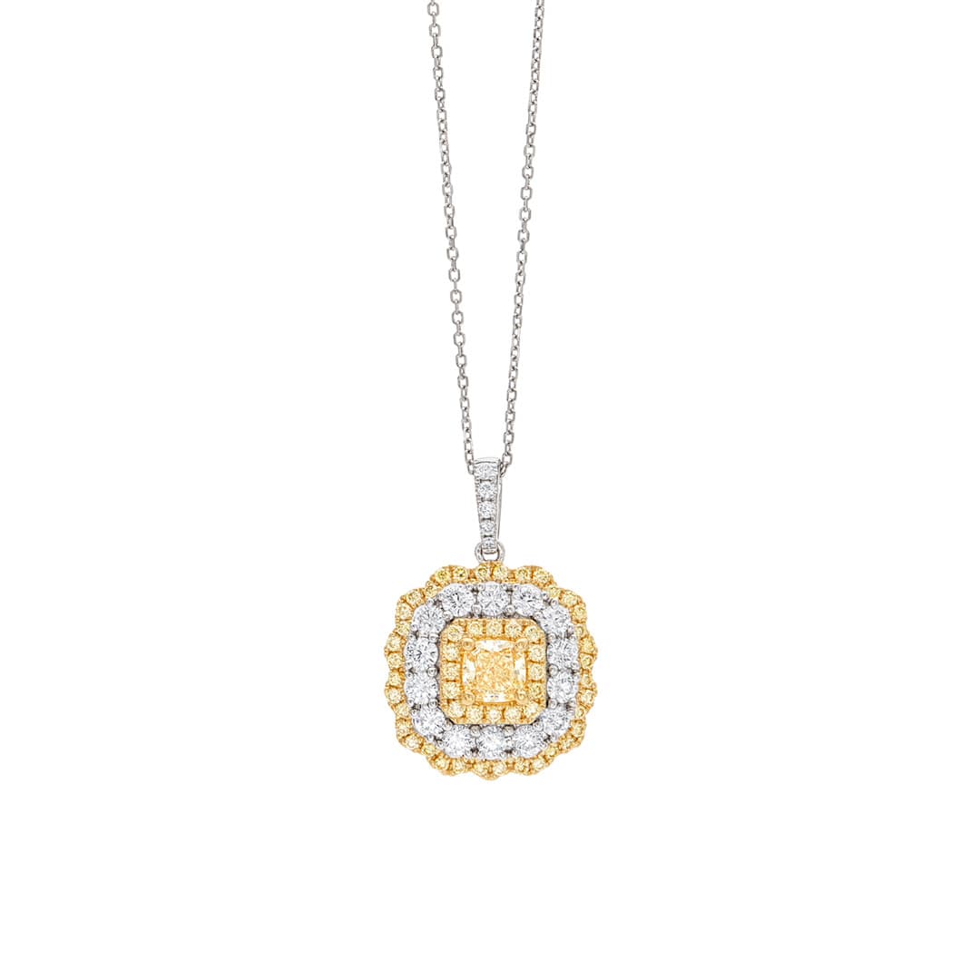 Scalloped Cushion Shaped Pendant Necklace with White and Yellow Diamonds