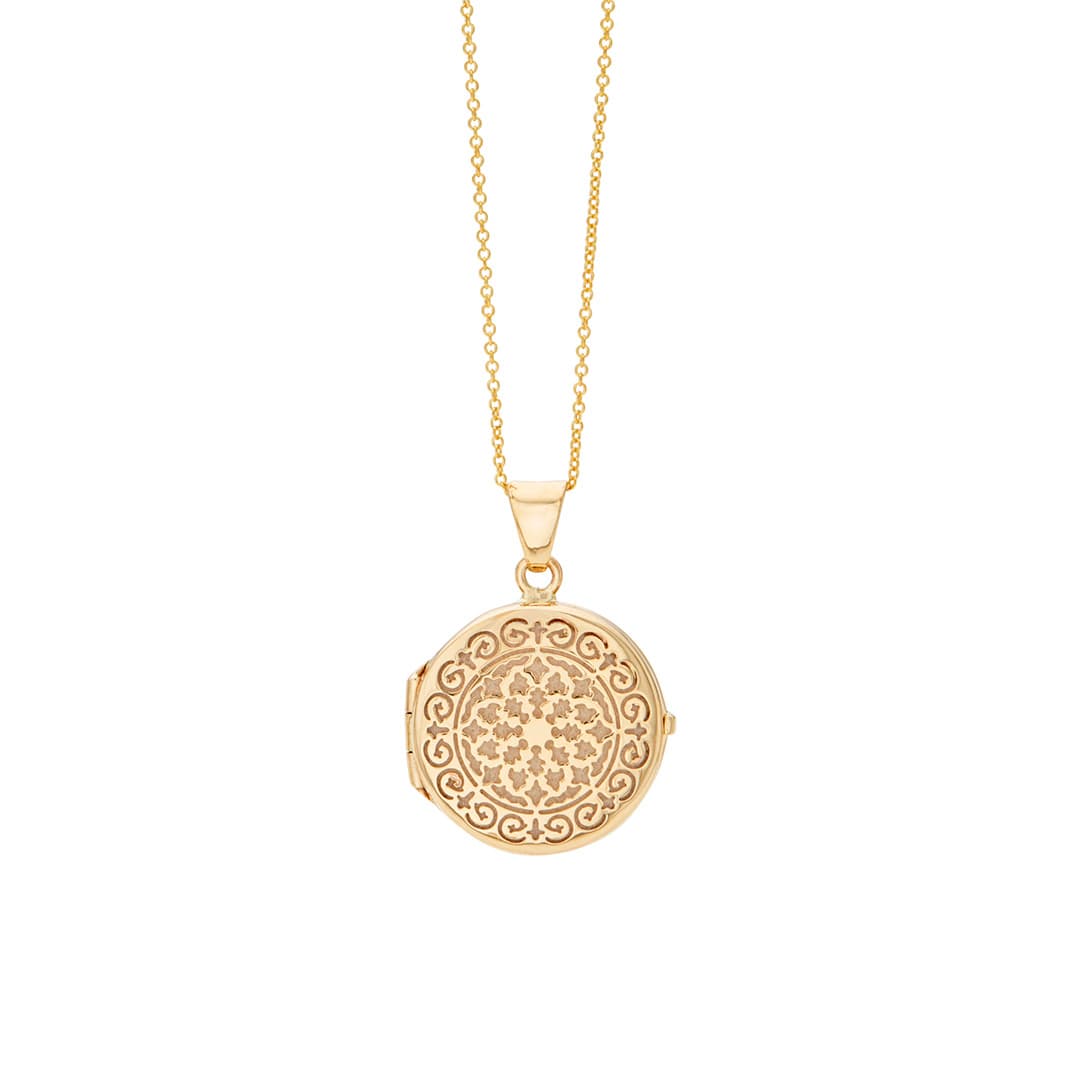 Round Gold Locket Necklace with Decorative Cutouts, 20mm