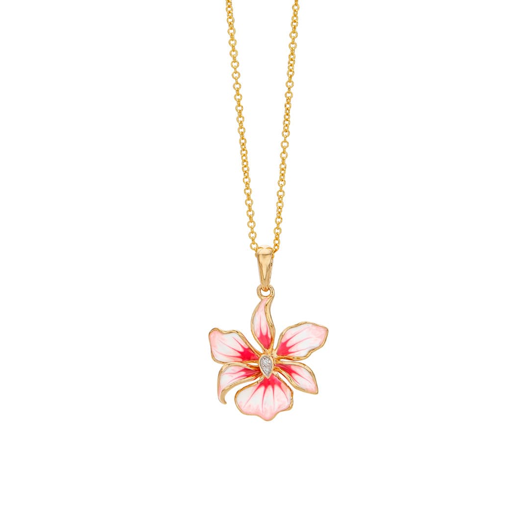 Pink Orchid Enamel and Diamond Flower Necklace