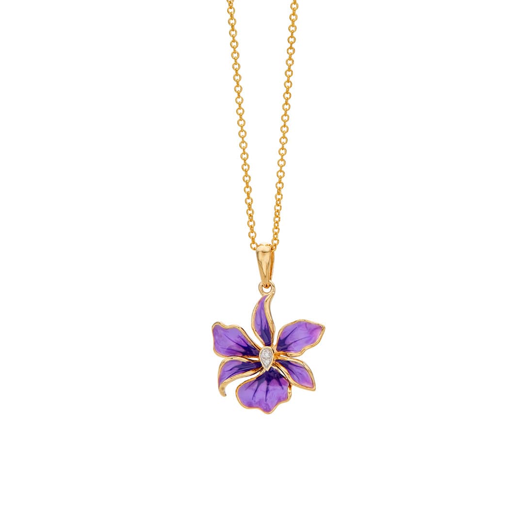 Purple Orchid Enamel and Diamond Flower Necklace