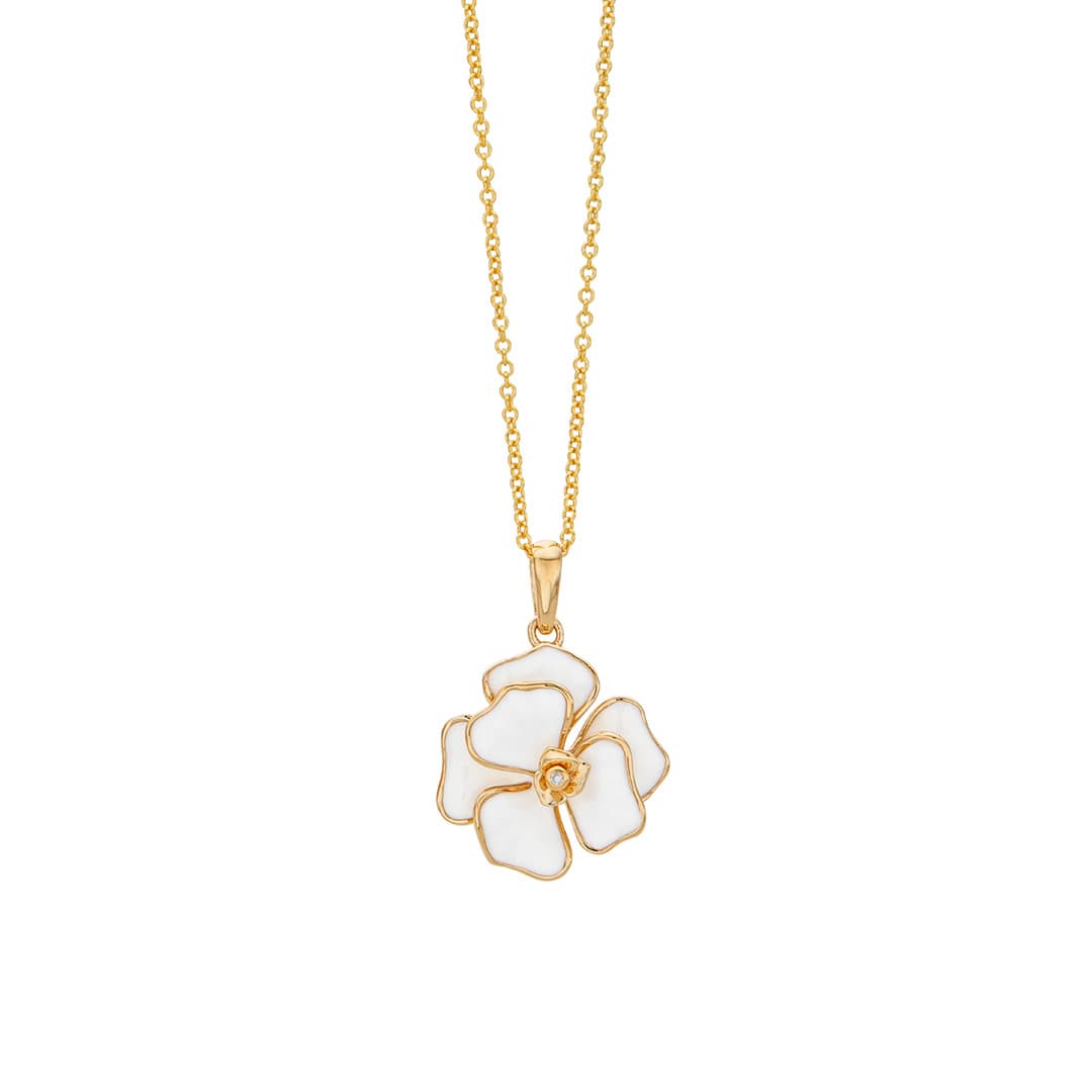 White Enamel Flower Necklace with Diamond Center