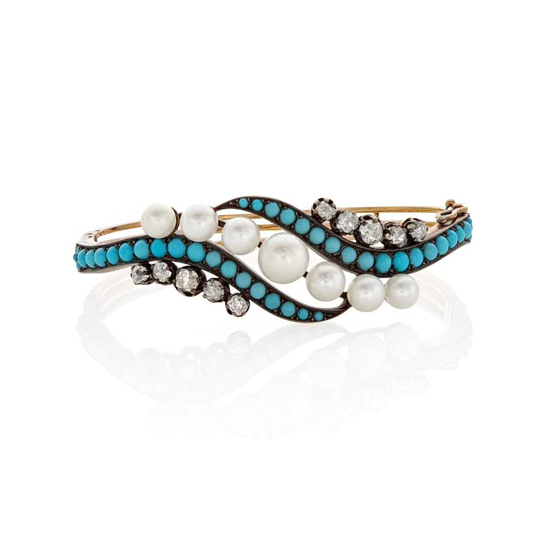 Estate Collection 1890s Turquoise Pearl and Diamond Swirl Bangle 0