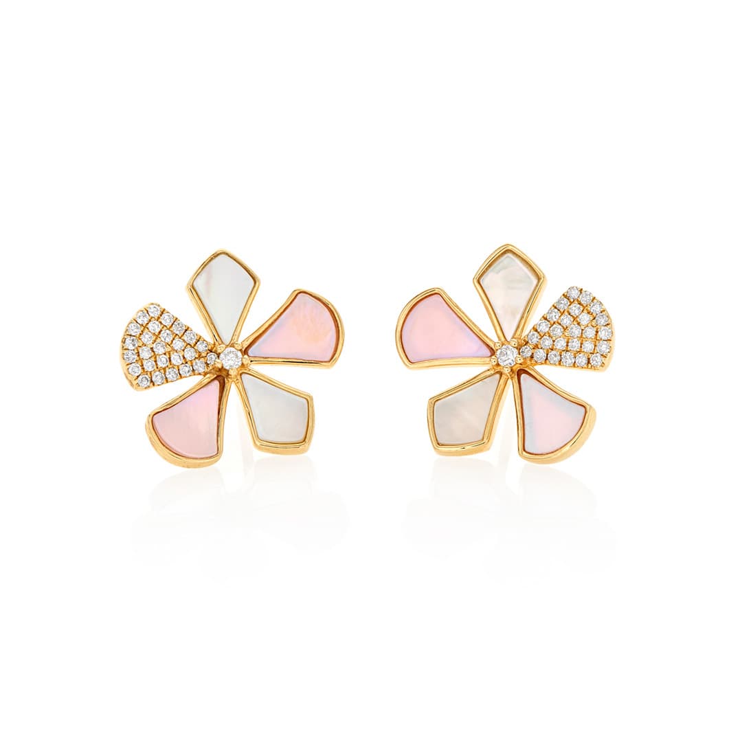 Mother of Pearl and Diamond Flower Stud Earrings