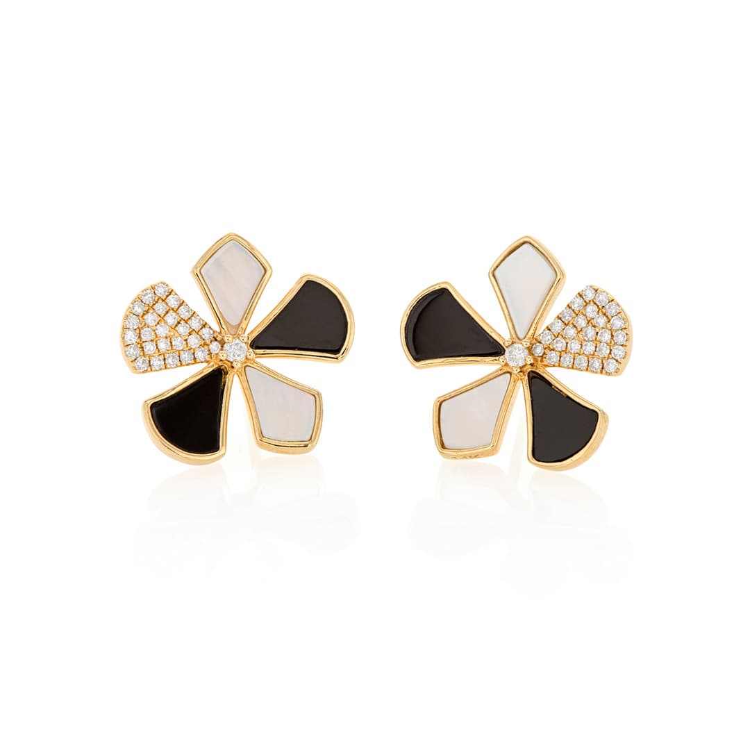 Black Agate and Diamond Flower Stud Earrings