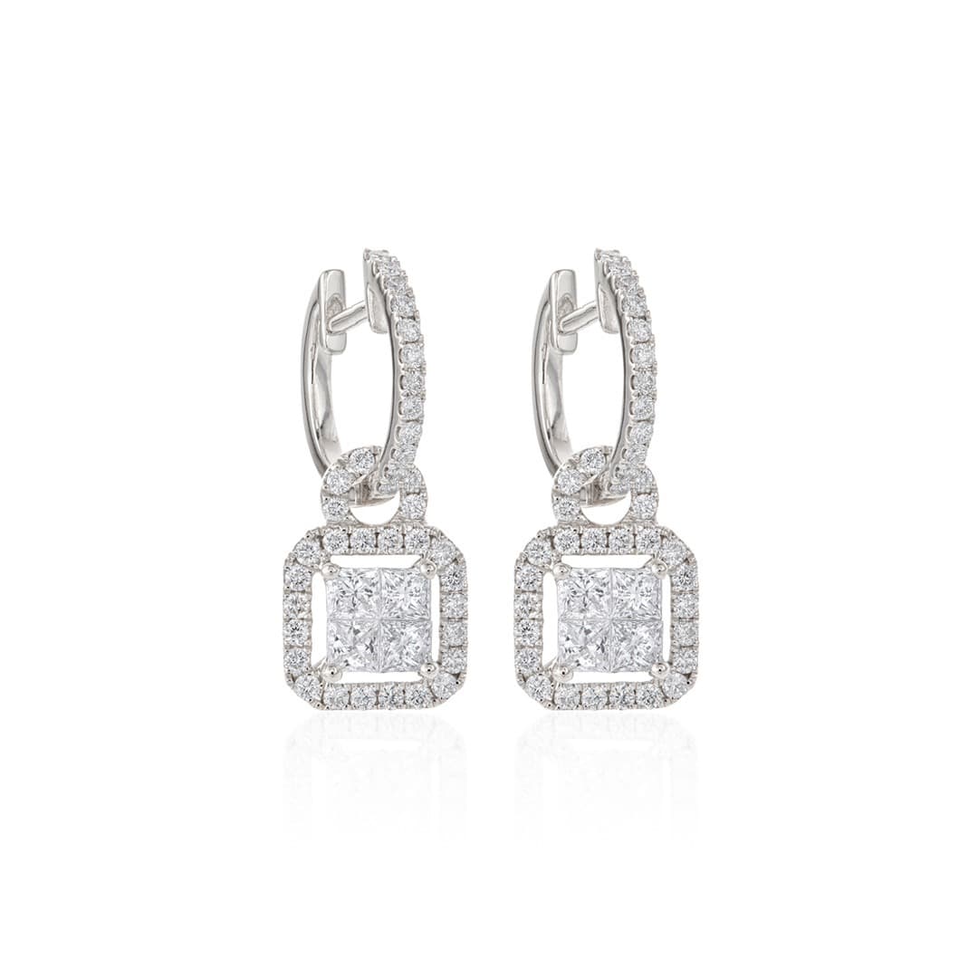 Princess Cut Diamond Dangle Drop Earrings with Diamond Loop