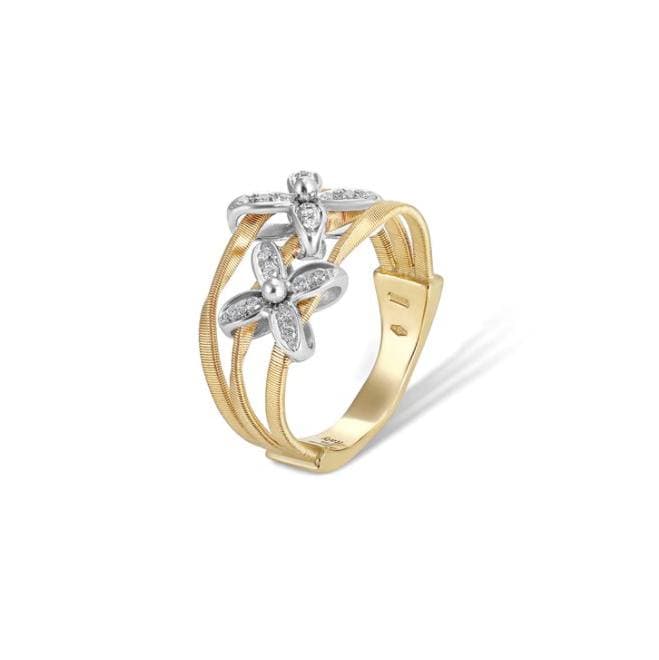 Marco Bicego Marrakech Onde Collection 18K Yellow and White Gold Ring with Two Diamond Flowers