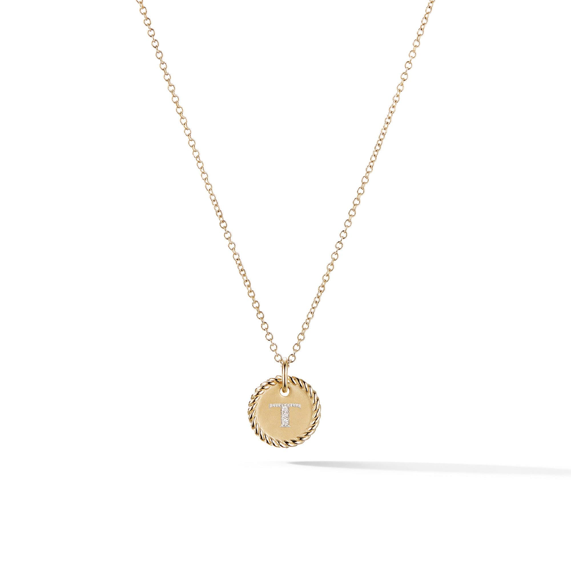 David Yurman T Initial Charm Necklace in 18k Yellow Gold with Diamonds