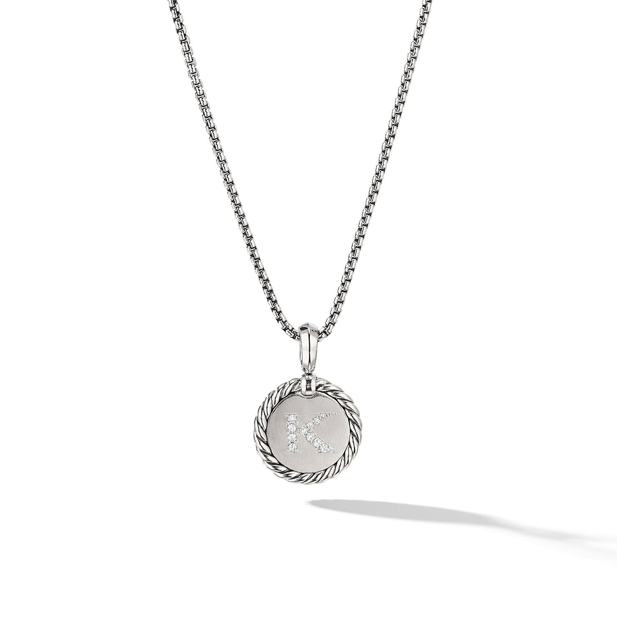 David Yurman Sterling Silver K initial Charm Necklace with Diamonds
