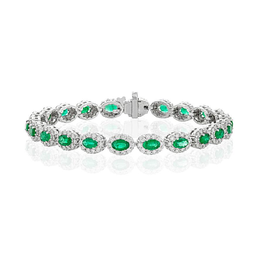 Emerald and Diamond 14k White Gold Oval Line Bracelet