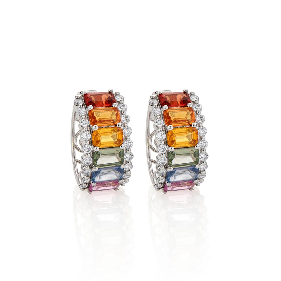Rainbow Sapphire Half Hoop Earrings with Diamonds