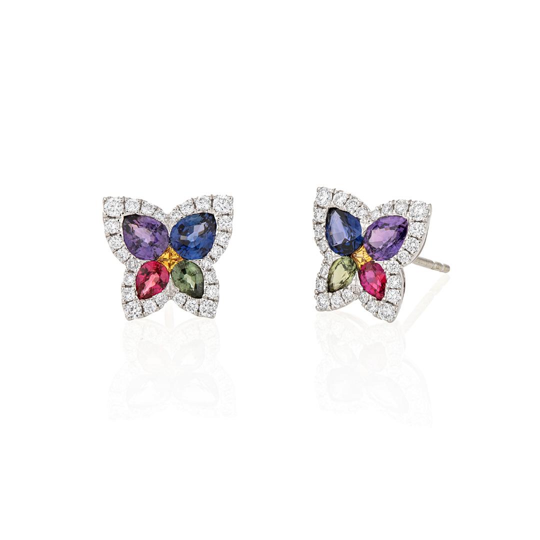 Multicolor Sapphire and Diamond Butterfly Stud Earrings