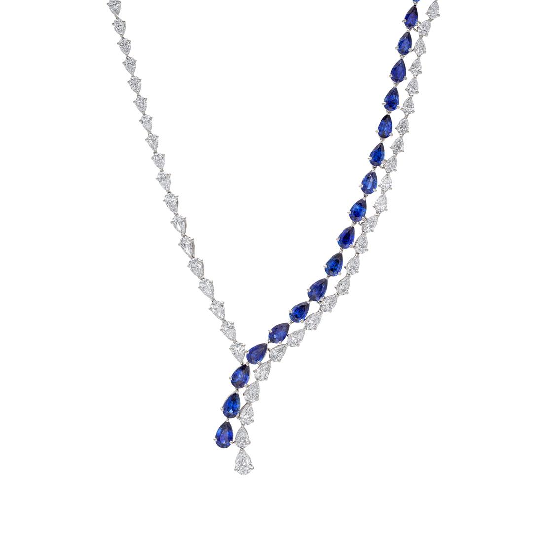 Pear Shape Sapphire and Diamond Asymmetrical Lariat Necklace
