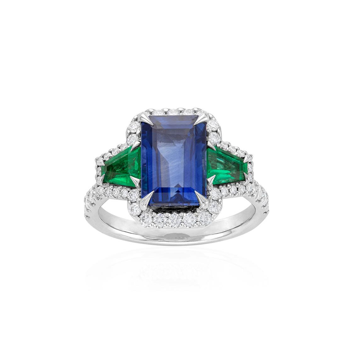 Emerald and Sapphire Three Stone Halo Ring