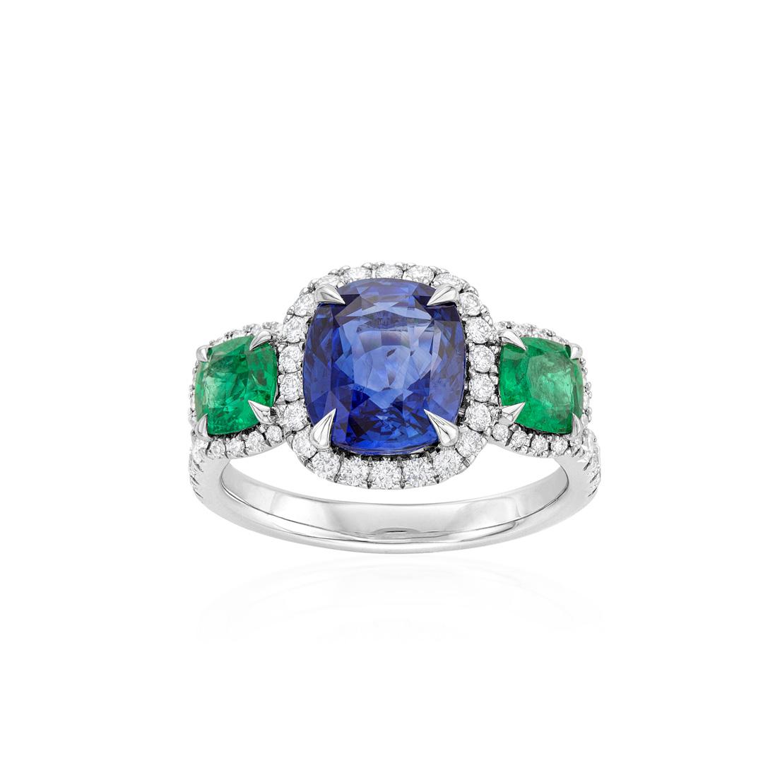 Cushion Emerald and Sapphire Three Stone Halo Ring