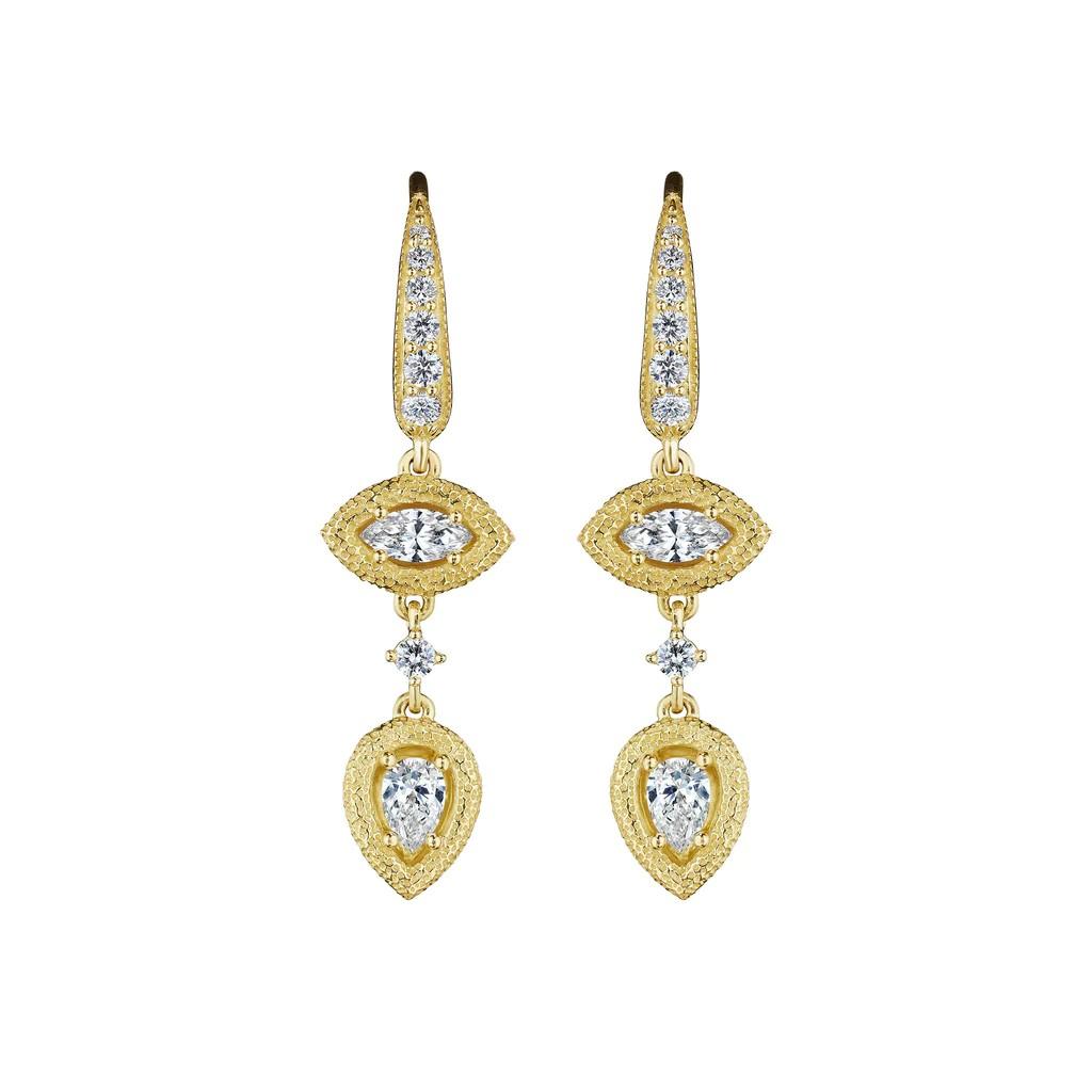 Penny Preville Yellow Gold Long Antique Amulet Marquise and Pear Diamond Drop Earrings 0