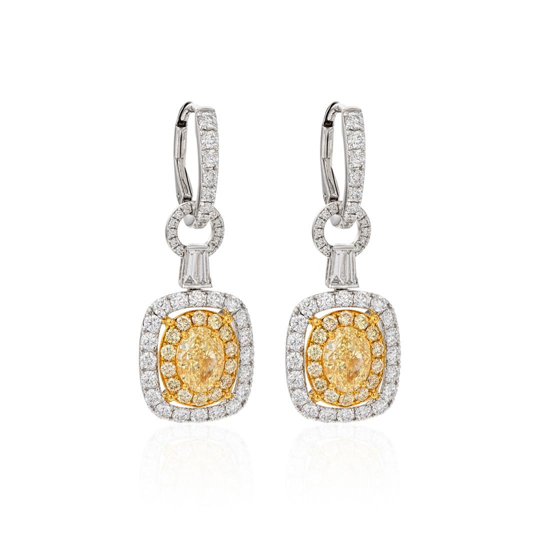 Fancy Yellow Diamond Two Tone Dangle Earrings
