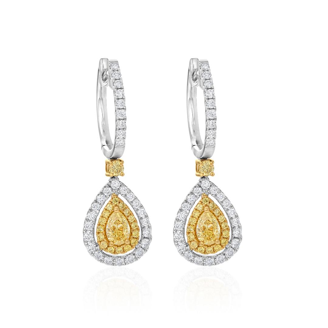 Fancy Yellow Diamond Two Tone Pear Shape Dangle Earrings