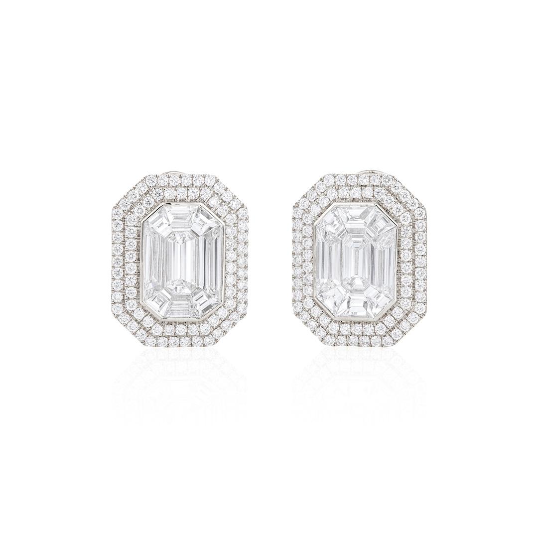 Emerald Cut Diamond Cluster Halo Earrings