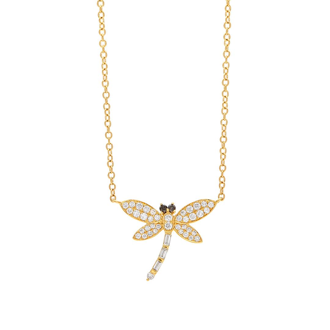 Dragonfly Necklace with Diamonds in Yellow Gold