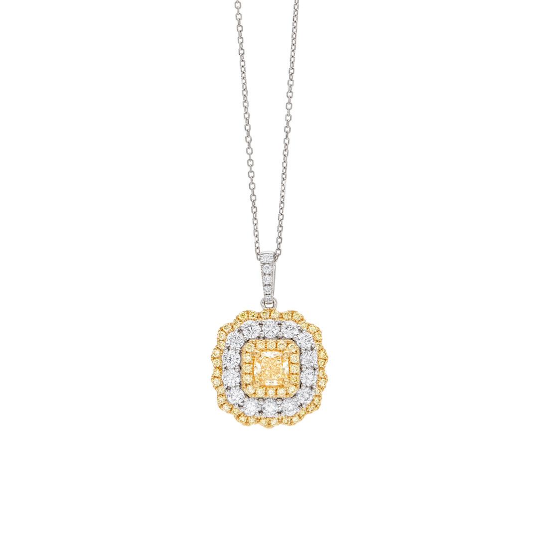 Scalloped Cushion Shaped Pendant Necklace with White and Yellow Diamonds