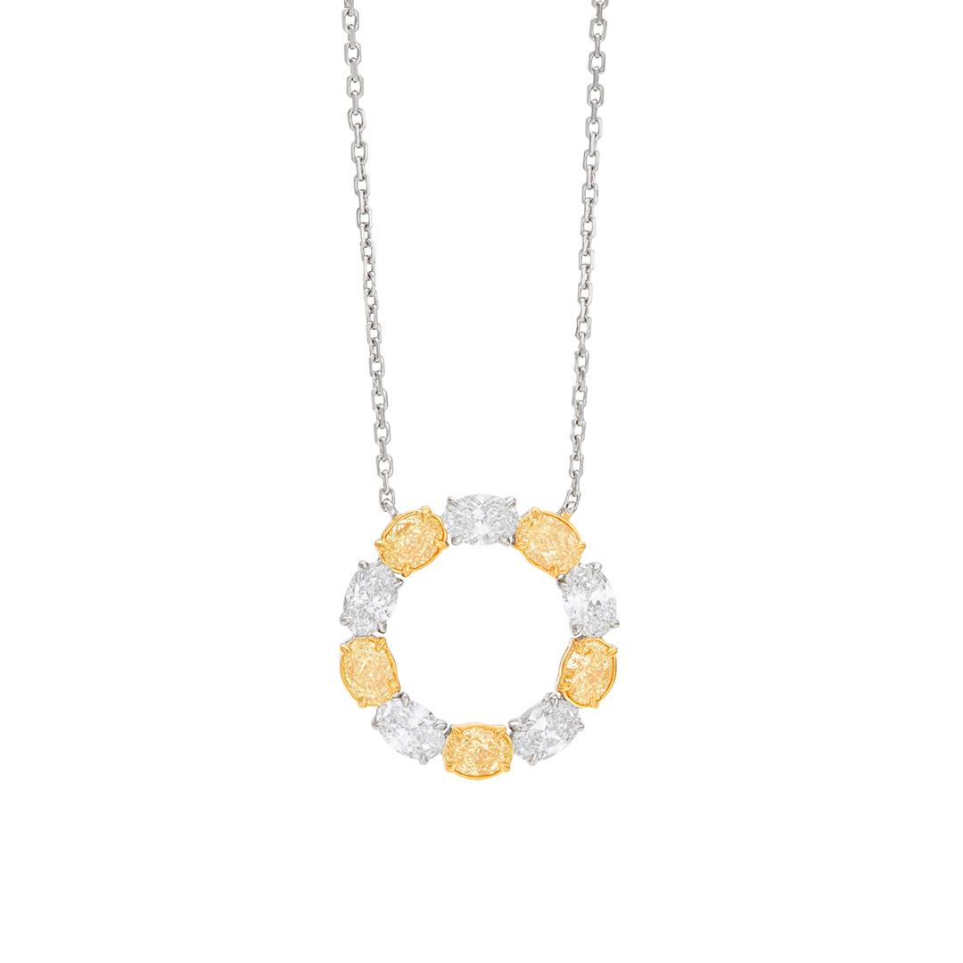 White and Yellow Diamond Circle Pendant Necklace