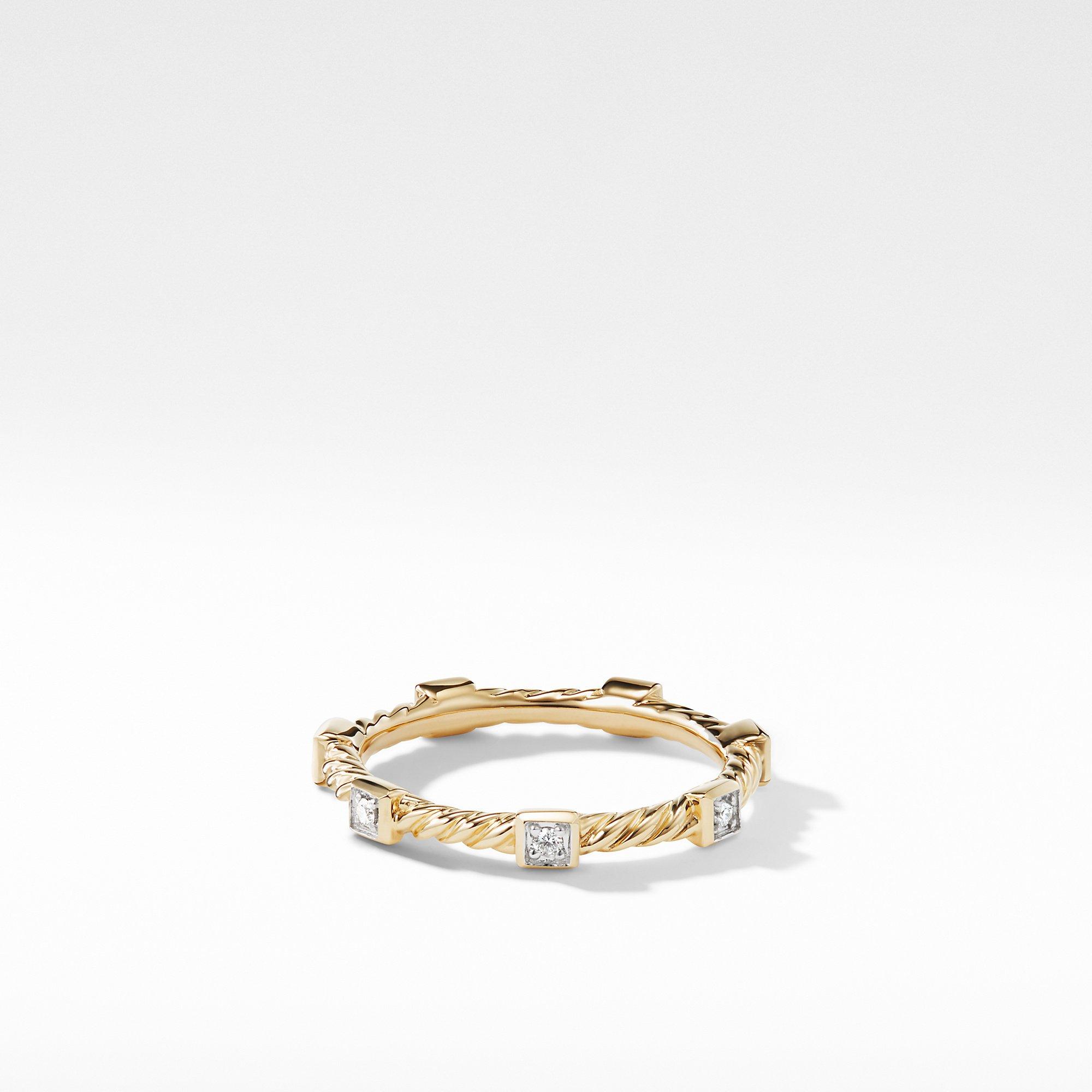David Yurman Cable Stacking Ring with Square Stations and Diamonds in Yellow Gold, size 6
