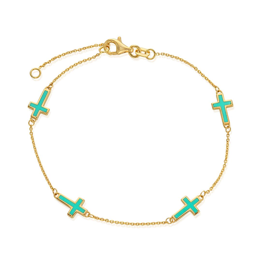 Gold Chain Bracelet with Turquoise Colored Enamel Crosses 0