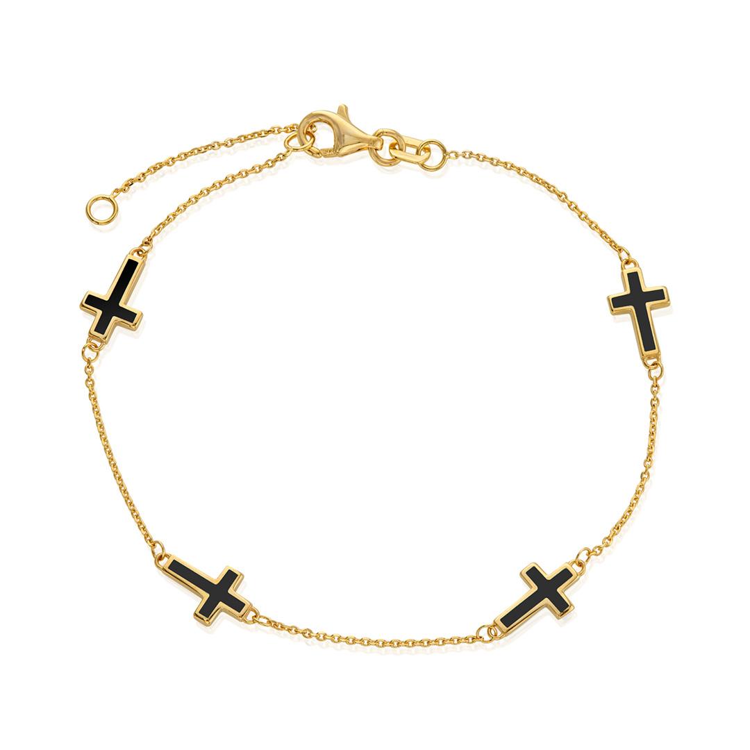 Gold Chain Bracelet with Black Enamel Crosses