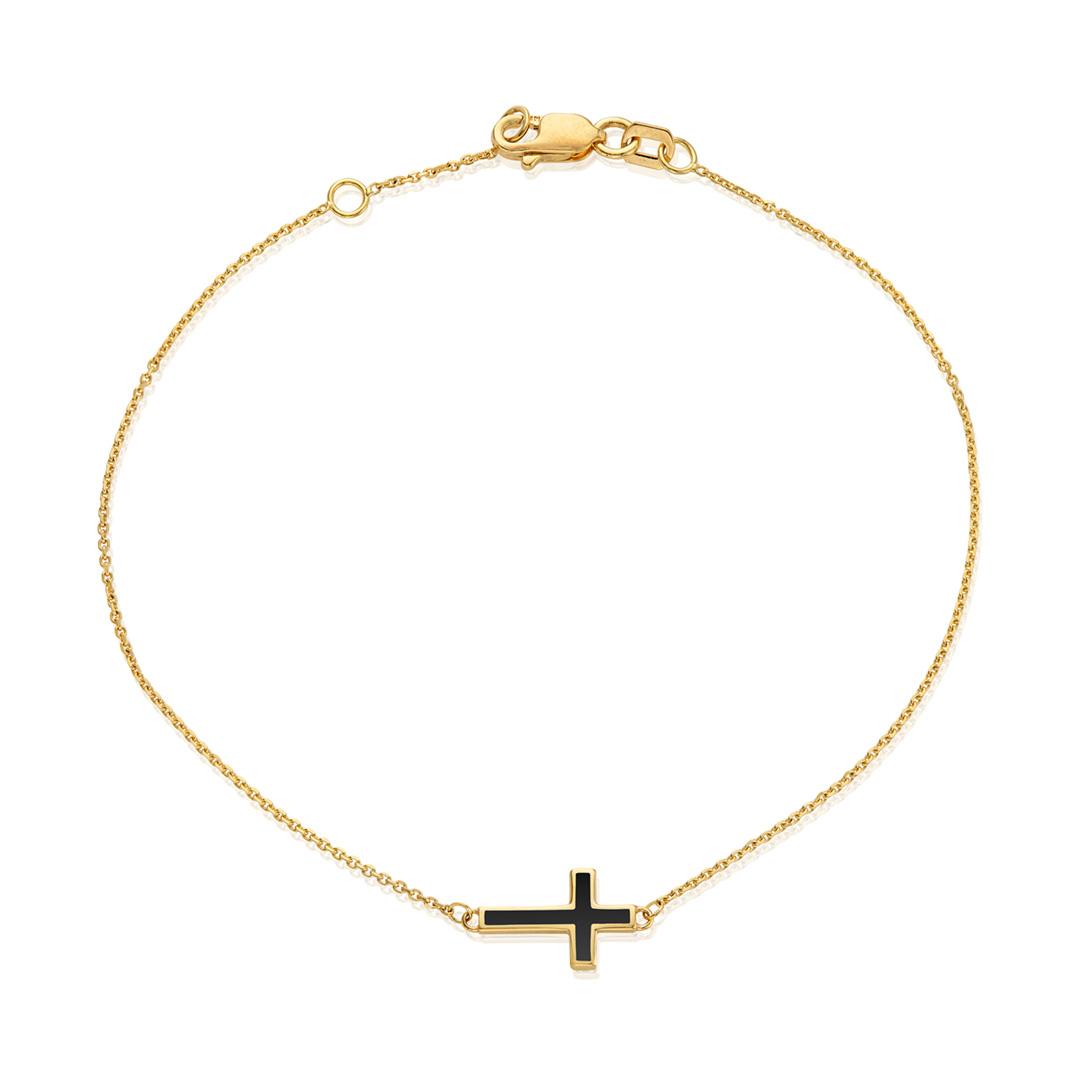Gold Chain Bracelet with Black Enamel Cross