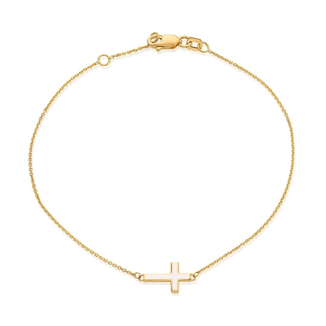 Gold Chain Bracelet with White Enamel Cross