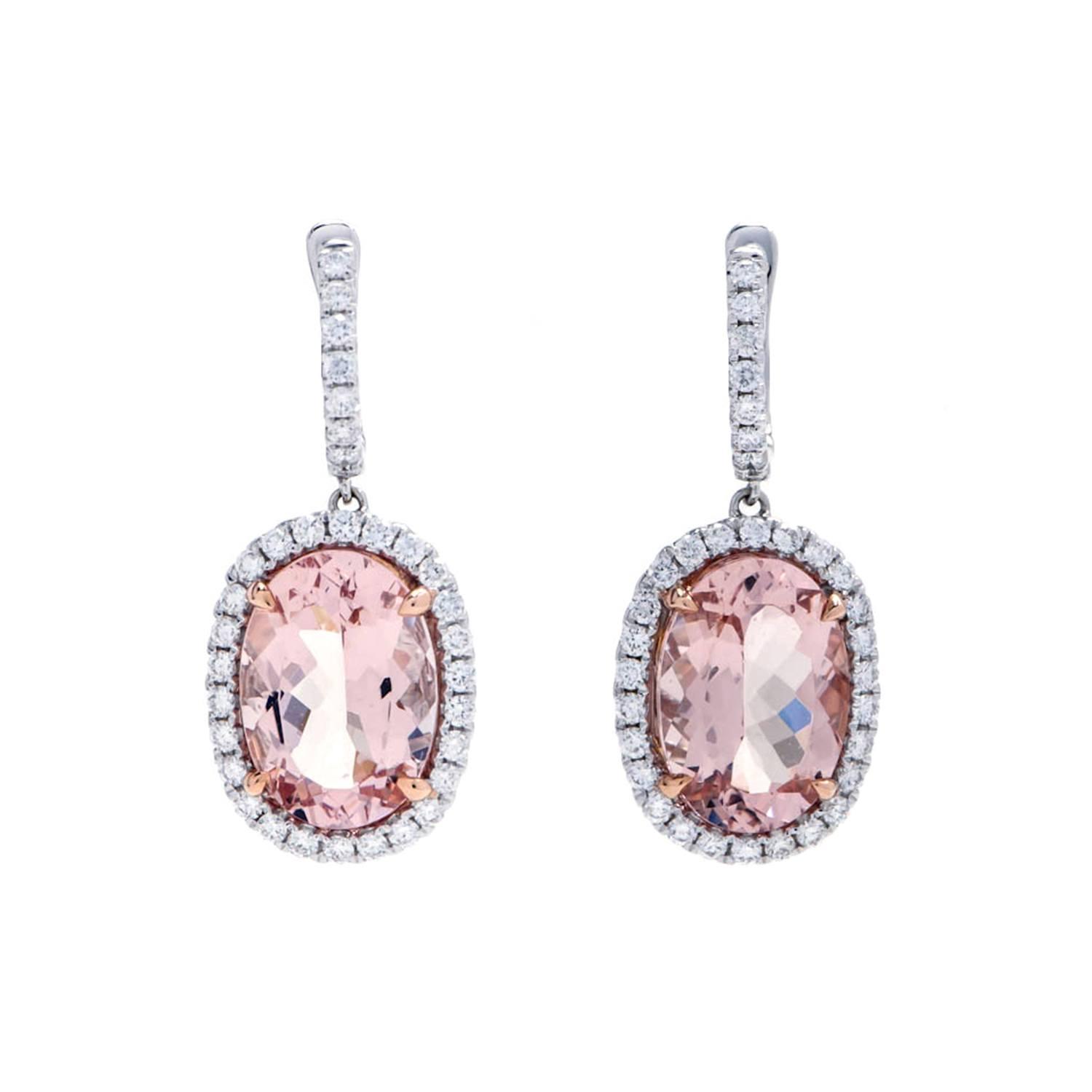 White & Rose Gold 10.25 Carat Morganite & Pave Diamond Halo Drop Earrings