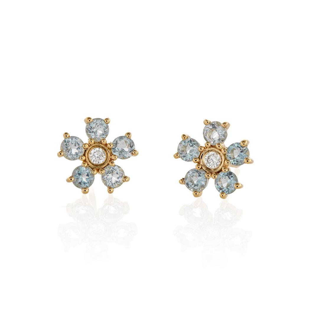 Aquamarine and Diamond Yellow Gold Flower Stud Earrings 0