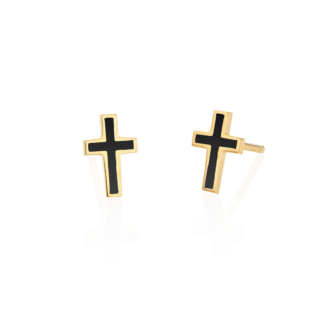 Gold Cross Stud Earrings with Black Enamel