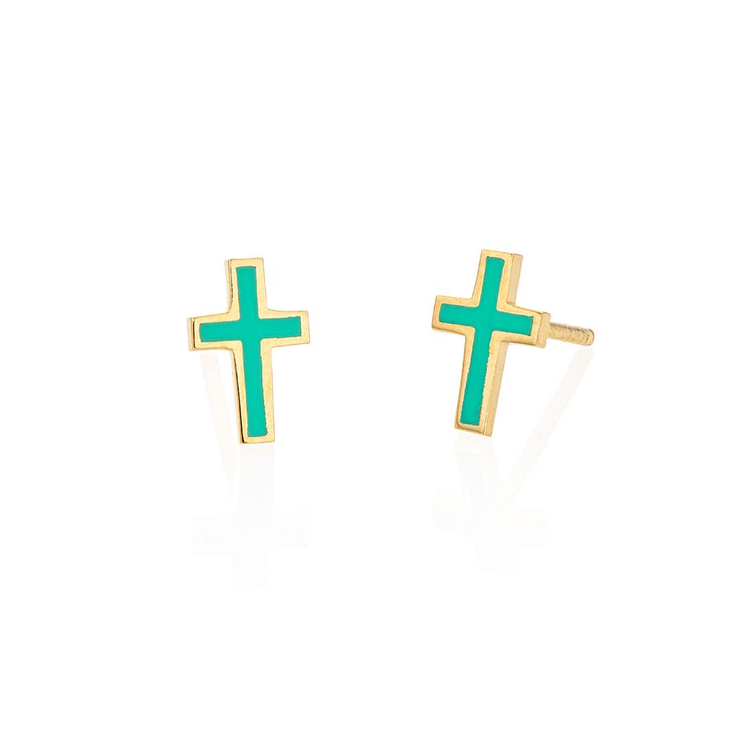 Gold Cross Stud Earrings with Turquoise Colored Enamel